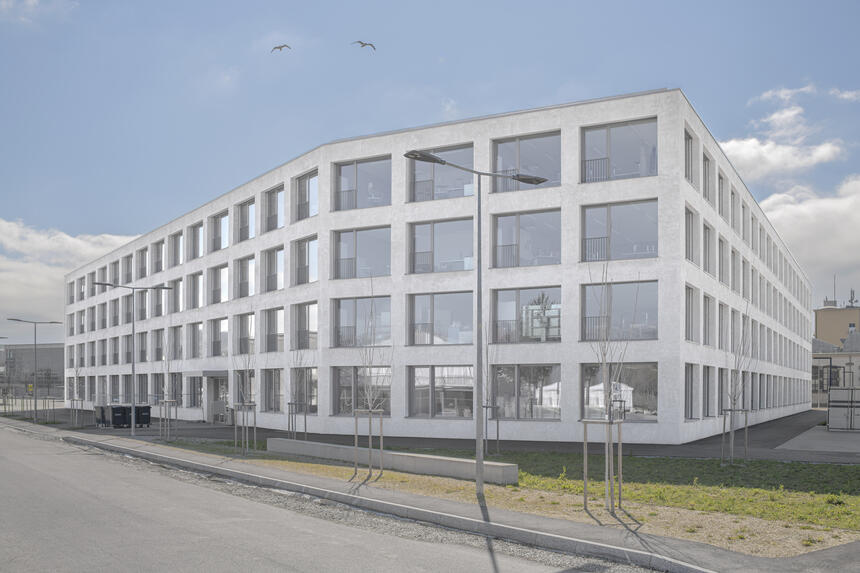 Die zahlreichen Klassenzimmer, die kreisförmig um einen zentralen Innenhof angeordnet sind, bestimmen die Größe des Gebäudes und zeichnen sich durch große, regelmäßig angeordnete Fenster aus