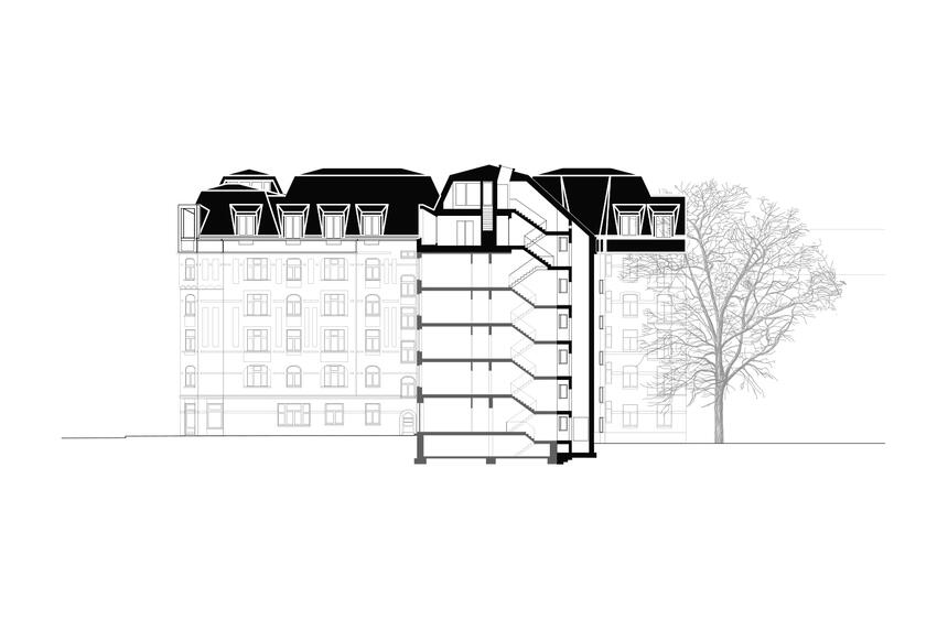 Schnitt Maisonettewohnung und Terrasse in der 2. Aufstockungsebene